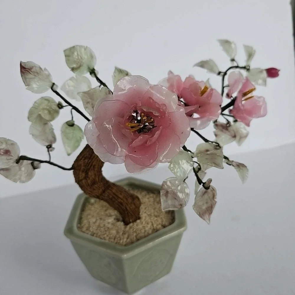 Vintage‎ Chinese Glass Bonsai Tree Pink Cherry Blossom Celadon Pot Chinoiserie